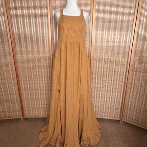 Cleo + Wolf mustard yellow textured paisley eyelet lace overall maxi dress